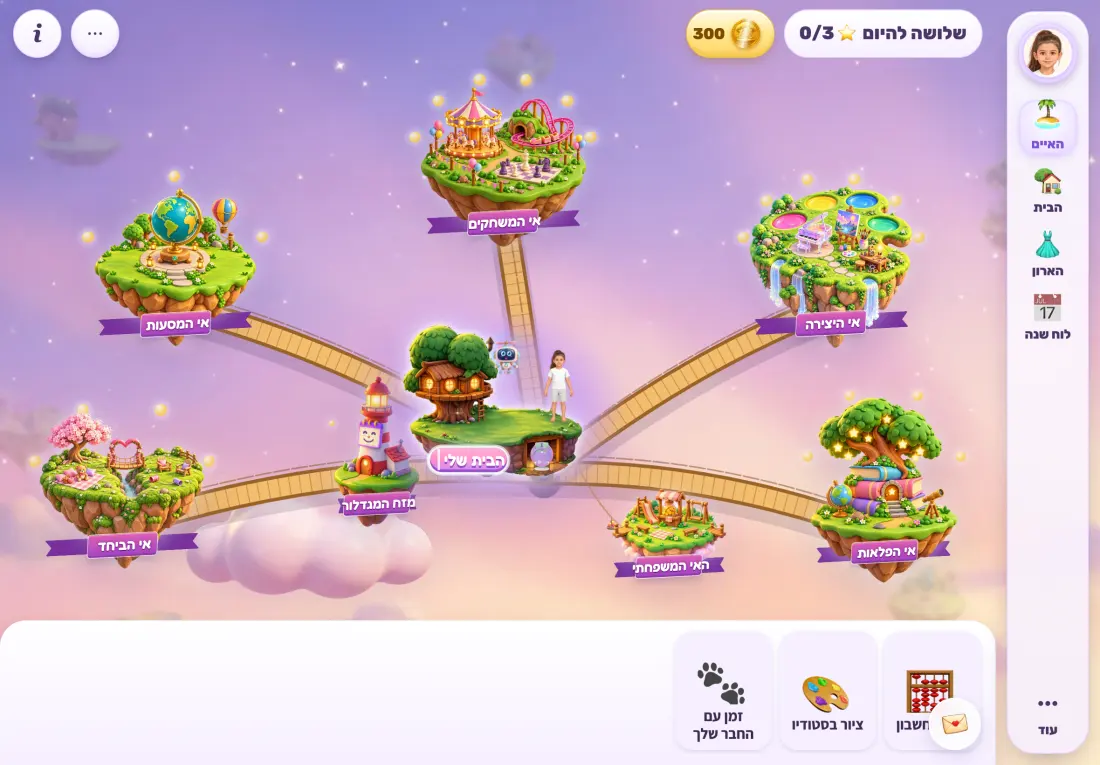 The island map in the app: floating islands joined by bridges, the home island in the middle