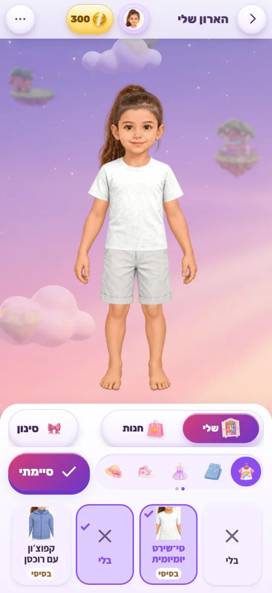 הארון: הדמות במרכז, ומתחתיה בגדים לבחירה