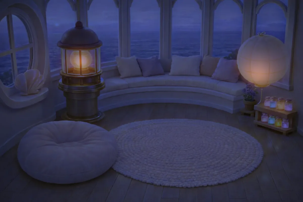 The lantern room from the app: a window onto the sea at night, a cushion and a lantern